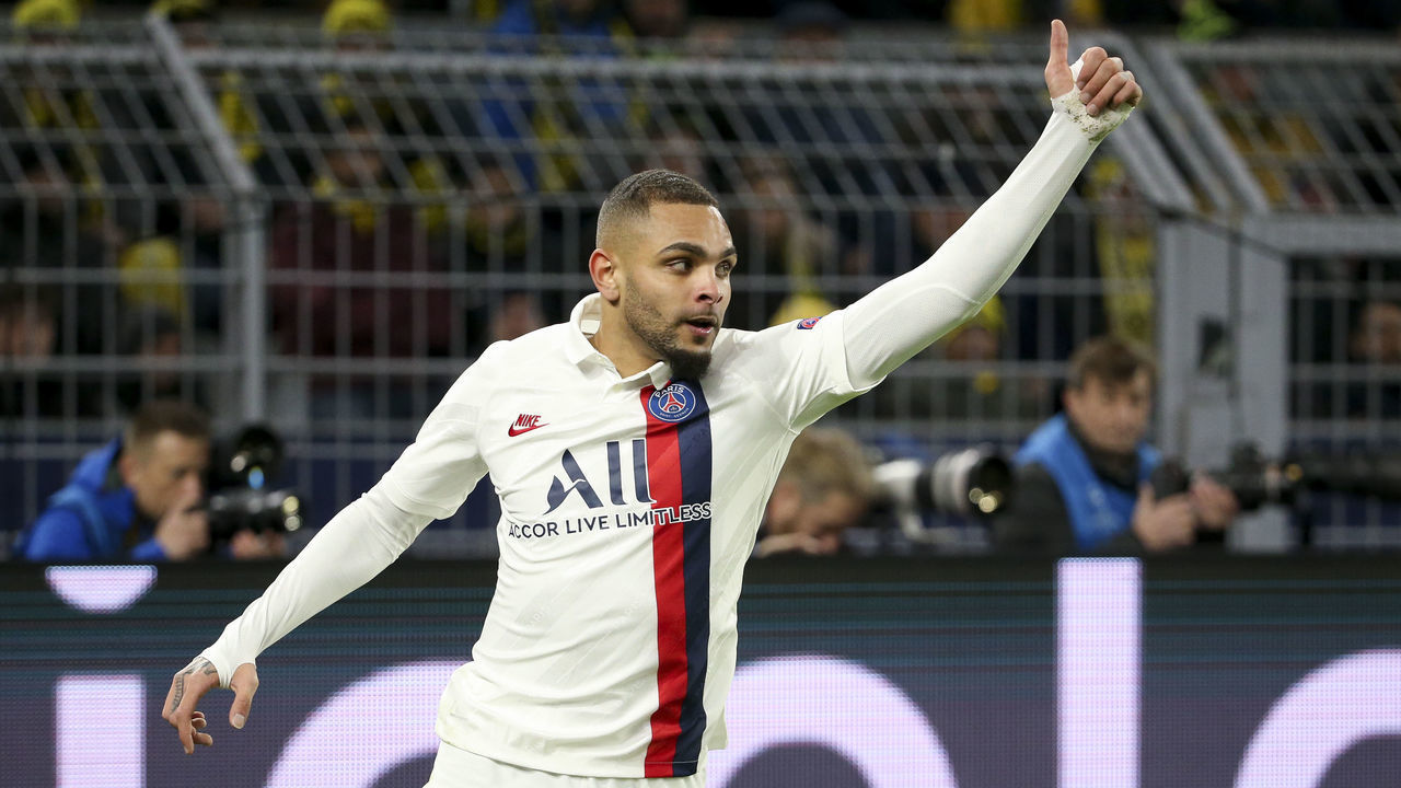 DORTMUND, GERMANY - FEBRUARY 18: Layvin Kurzawa of PSG reacts during the UEFA Champions League round of 16 first leg match between Borussia Dortmund and Paris Saint-Germain (PSG) at Signal Iduna Park on February 18, 2020 in Dortmund, Germany.