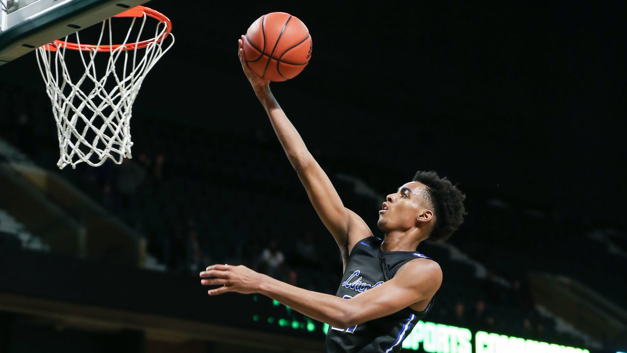 YPSILANTI, MI - DECEMBER 09: Ypsilanti Lincoln Railsplitter sophomore Emoni Bates in action against the River Rouge Panthers during the Ypsi Tip Off Classic on December 9, 2019 at the Eastern Michigan Convocation University Center in Ypsilanti, Michigan.