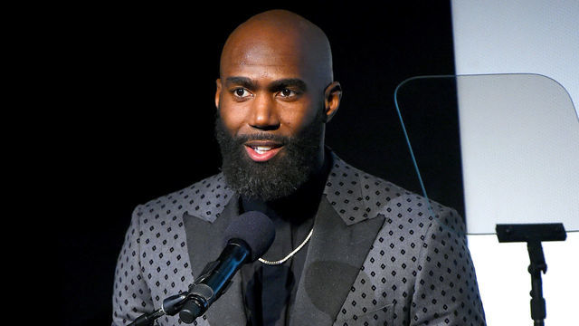 NEW YORK, NEW YORK - NOVEMBER 12: Malcolm Jenkins speaks on stage at the special screening of COLLEGE BEHIND BARS at The Apollo Theater on November 12, 2019 in New York City.