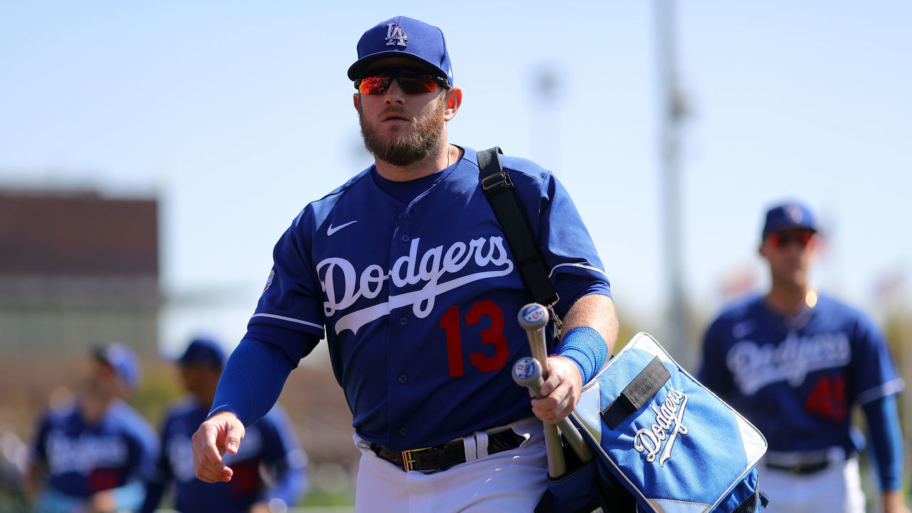 GLENDALE, AZ - FEBRUARY 24: Max Muncy #13 of the Los Angeles Dodgers looks on ahead of a game against the Chicago White Sox on Monday, February 24, 2020 at Camelback Ranch in Glendale, Arizona.