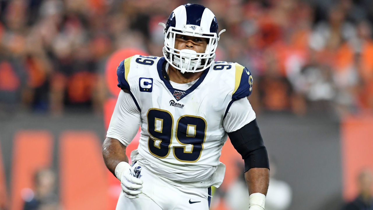 CLEVELAND, OH - SEPTEMBER 22, 2019: Defensive tackle Aaron Donald #99 of the Los Angeles Rams rushes the line of scrimmage in the second quarter of a game against the Cleveland Browns on September 22, 2019 at FirstEnergy Stadium in Cleveland, Ohio. Los Angeles won 20-13. (Photo by: 2019 Nick Cammett/Diamond Images via Getty Images)