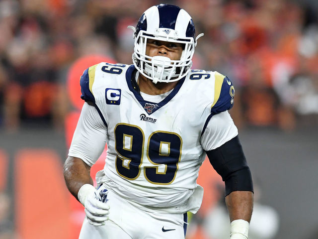 CLEVELAND, OH - SEPTEMBER 22, 2019: Defensive tackle Aaron Donald #99 of the Los Angeles Rams rushes the line of scrimmage in the second quarter of a game against the Cleveland Browns on September 22, 2019 at FirstEnergy Stadium in Cleveland, Ohio. Los Angeles won 20-13. (Photo by: 2019 Nick Cammett/Diamond Images via Getty Images)