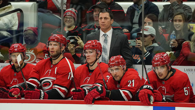 RALEIGH, NC - JANUARY 21: Carolina Hurricanes head coach Rod Brind'Amour watches play from the bench during a game between the Carolina Hurricanes and the Winnipeg Jets on January 21, 2020 at the PNC Arena in Raleigh, NC.