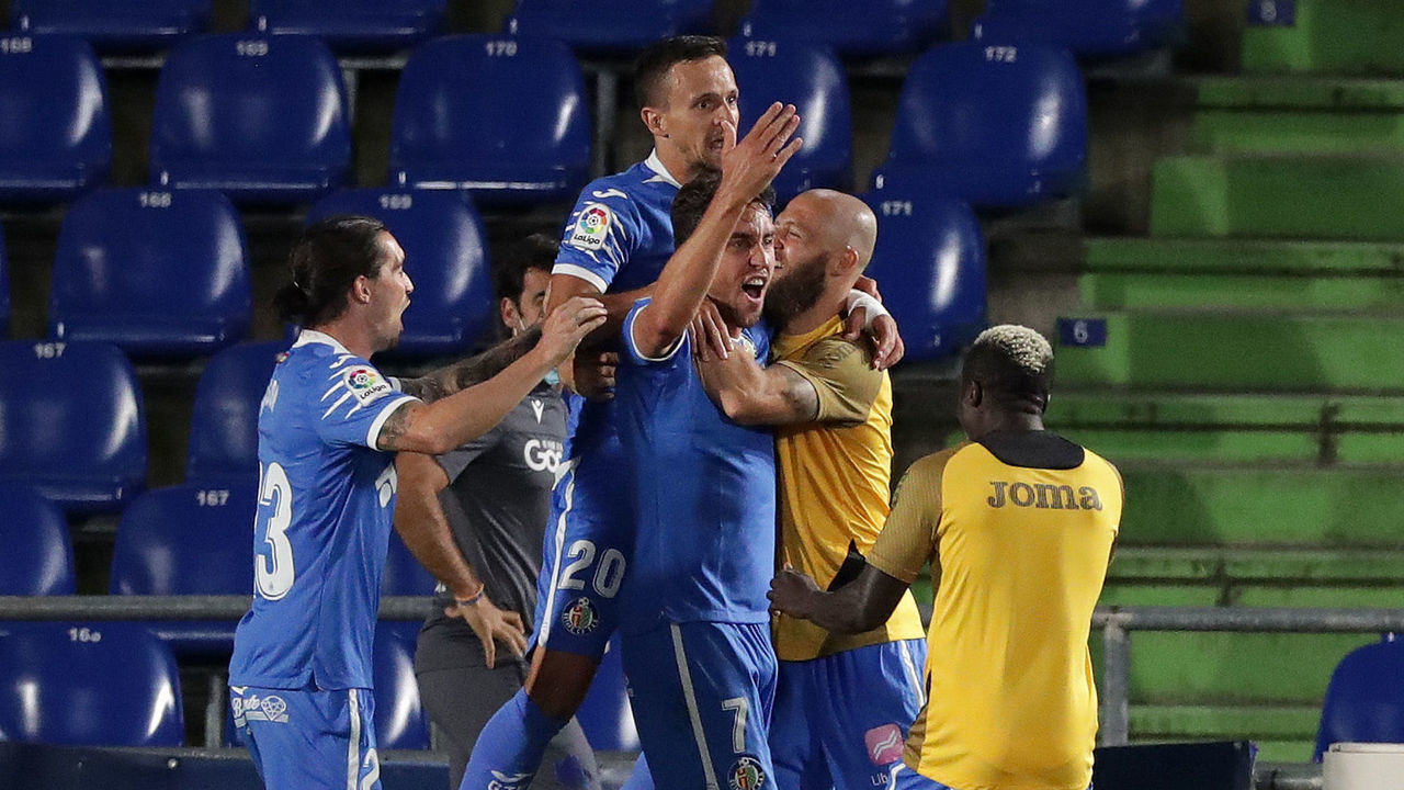 GETAFE, SPAIN - JUNE 29: Jaime Mata of Getafe celebrates scoring the 2nd Getafe goal during the Liga match between Getafe CF and Real Sociedad at Coliseum Alfonso Perez on June 29, 2020 in Getafe, Spain.