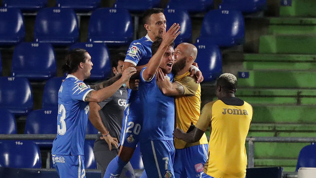 GETAFE, SPAIN - JUNE 29: Jaime Mata of Getafe celebrates scoring the 2nd Getafe goal during the Liga match between Getafe CF and Real Sociedad at Coliseum Alfonso Perez on June 29, 2020 in Getafe, Spain.