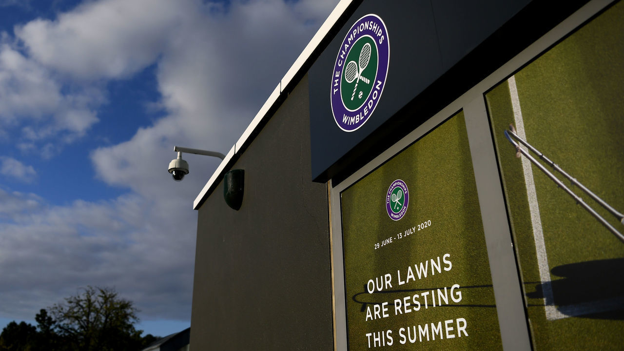 WIMBLEDON, ENGLAND - JUNE 29: A detailed view of a sign saying 'Our Lawns are resting this summer' outside The All England Tennis and Croquet Club on June 29, 2020 in Wimbledon, England. The Wimbledon Tennis Championships were due to start today, but were cancelled due to the coronavirus pandemic.