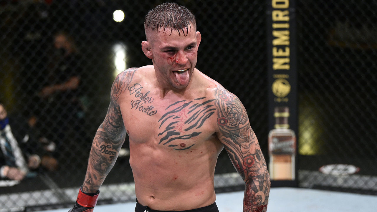 LAS VEGAS, NEVADA - JUNE 27: Dustin Poirier reacts after the conclusion of his lightweight fight against Dan Hooker during the UFC Fight Night event at UFC APEX on June 27, 2020 in Las Vegas, Nevada.