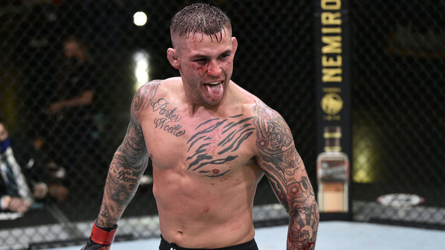 LAS VEGAS, NEVADA - JUNE 27: Dustin Poirier reacts after the conclusion of his lightweight fight against Dan Hooker during the UFC Fight Night event at UFC APEX on June 27, 2020 in Las Vegas, Nevada.