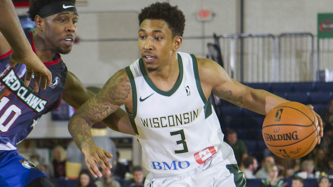 PORTLAND, ME - DECEMBER 05: Jaylen Adams #3 of the Wisconsin Herd drives around Justin Bibbs #10 and Yante Maten #1 of the Maine Red Claws on Thursday, December 5, 2019 at the Portland Expo in Portland, Maine. NOTE TO USER: User expressly acknowledges and agrees that by downloading and/or using this photograph, user is consenting to the terms and conditions of the Getty Images License Agreement. Mandatory Copyright Notice: Copyright 2019 NBAE