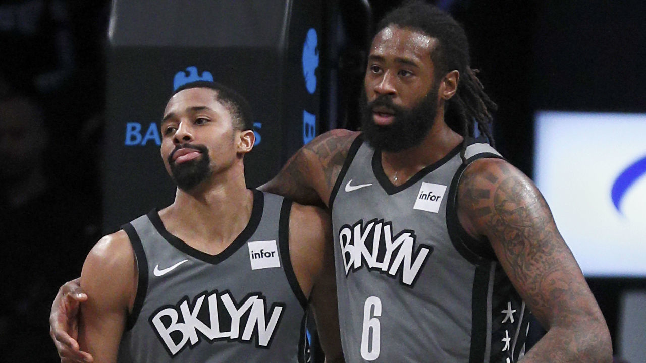 NEW YORK, NY - DECEMBER 21: DeAndre Jordan #6 and Spencer Dinwiddie #8 of the Brooklyn Nets hug after Dinwiddie hit a shot and was fouled on the play in an NBA basketball game against the Atlanta Hawks on December 21, 2019 at Barclays Center in the Brooklyn borough of New York City. Nets won 122-112. NOTE TO USER: User expressly acknowledges and agrees that, by downloading and/or using this Photograph, user is consenting to the terms and conditions of the Getty License agreement. Mandatory Copyright Notice