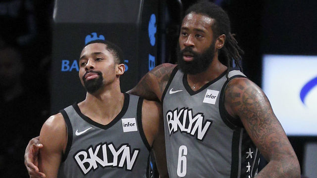 NEW YORK, NY - DECEMBER 21: DeAndre Jordan #6 and Spencer Dinwiddie #8 of the Brooklyn Nets hug after Dinwiddie hit a shot and was fouled on the play in an NBA basketball game against the Atlanta Hawks on December 21, 2019 at Barclays Center in the Brooklyn borough of New York City. Nets won 122-112. NOTE TO USER: User expressly acknowledges and agrees that, by downloading and/or using this Photograph, user is consenting to the terms and conditions of the Getty License agreement. Mandatory Copyright Notice