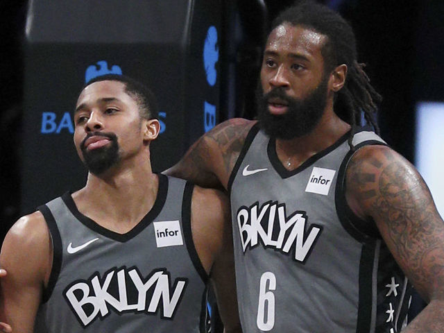NEW YORK, NY - DECEMBER 21: DeAndre Jordan #6 and Spencer Dinwiddie #8 of the Brooklyn Nets hug after Dinwiddie hit a shot and was fouled on the play in an NBA basketball game against the Atlanta Hawks on December 21, 2019 at Barclays Center in the Brooklyn borough of New York City. Nets won 122-112. NOTE TO USER: User expressly acknowledges and agrees that, by downloading and/or using this Photograph, user is consenting to the terms and conditions of the Getty License agreement. Mandatory Copyright Notice