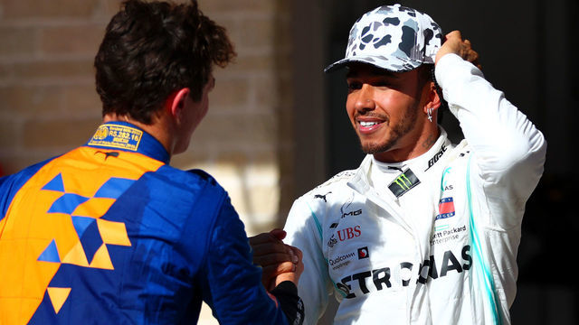 AUSTIN, TEXAS - NOVEMBER 03: 2019 Formula One World Drivers Champion Lewis Hamilton of Great Britain and Mercedes GP celebrates with Lando Norris of Great Britain and McLaren F1 in parc ferme during the F1 Grand Prix of USA at Circuit of The Americas on November 03, 2019 in Austin, Texas.