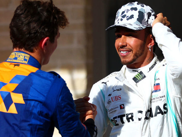 AUSTIN, TEXAS - NOVEMBER 03: 2019 Formula One World Drivers Champion Lewis Hamilton of Great Britain and Mercedes GP celebrates with Lando Norris of Great Britain and McLaren F1 in parc ferme during the F1 Grand Prix of USA at Circuit of The Americas on November 03, 2019 in Austin, Texas.
