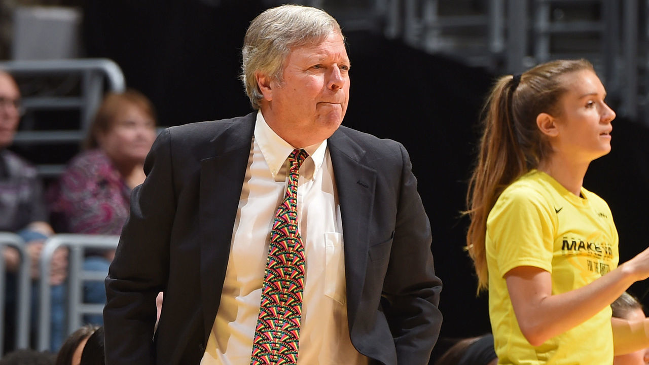 LOS ANGELES, CA - SEPTEMBER 15: Head Coach Dan Hughes of the Seattle Storm looks on against the Los Angeles Sparks during Game 1 of the 2019 WNBA playoffs on September 15, 2019 at the Staples Center in Los Angeles, California Mandatory Copyright Notice: Copyright 2019 NBAE