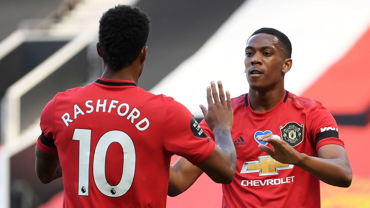 Manchester United's French striker Anthony Martial (R) celebrates scoring the opening goal with Manchester United's English striker Marcus Rashford during the English Premier League football match between Manchester United and Sheffield United at Old Trafford in Manchester, north west England, on June 24, 2020.