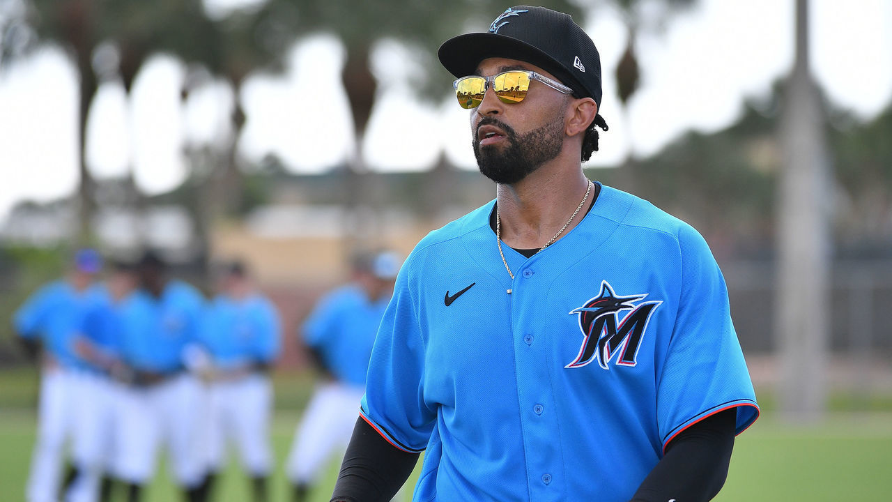 JUPITER, FLORIDA - FEBRUARY 19: Matt Kemp #27 of the Miami Marlins looks on during team workout at Roger Dean Chevrolet Stadium on February 19, 2020 in Jupiter, Florida.