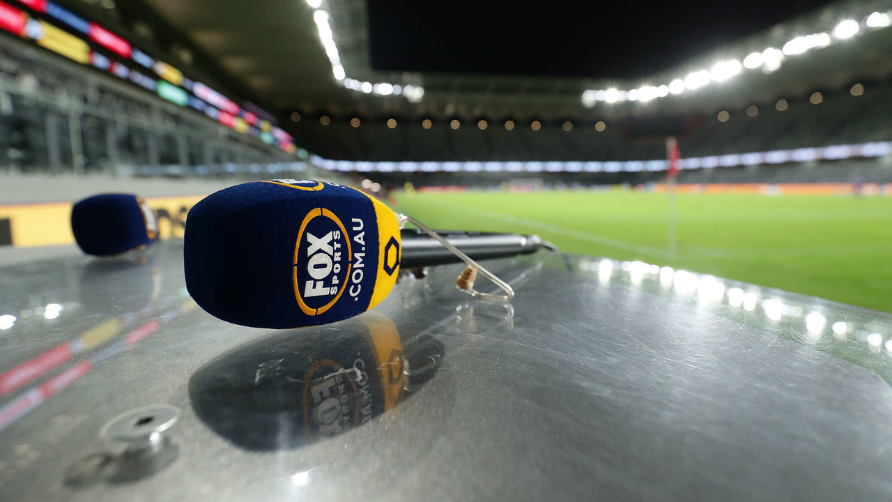 SYDNEY, AUSTRALIA - MARCH 21: A Fox Sports commentator mic is seen during the round 24 A-League match between the Western Sydney Wanderers and Sydney FC at Bankwest Stadium on March 21, 2020 in Sydney, Australia.