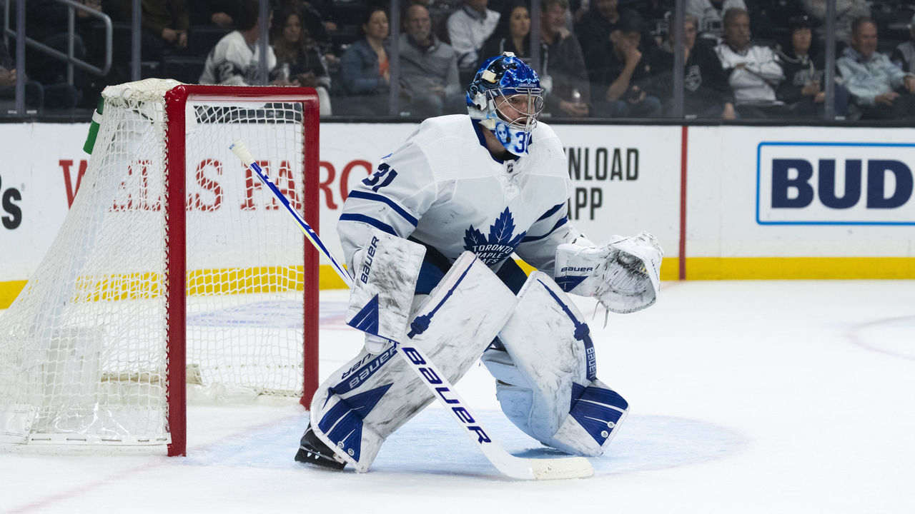 LOS ANGELES, CA - MARCH 05: Toronto Maple Leafs goaltender Frederik Andersen (31) during the NHL regular season hockey game against the Los Angeles Kings on Thursday, March 5, 2020 at Staples Center in Los Angeles, Calif.