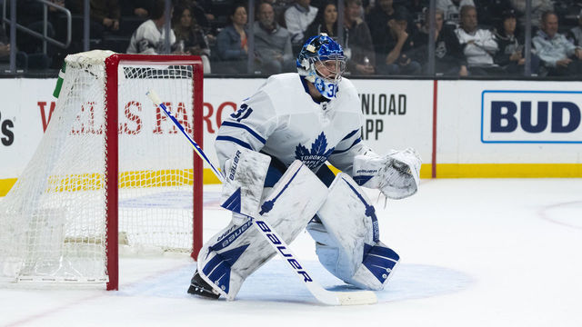 LOS ANGELES, CA - MARCH 05: Toronto Maple Leafs goaltender Frederik Andersen (31) during the NHL regular season hockey game against the Los Angeles Kings on Thursday, March 5, 2020 at Staples Center in Los Angeles, Calif.