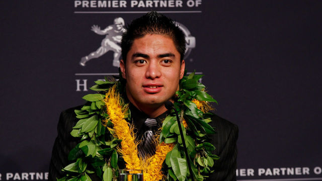 NEW YORK, NY - DECEMBER 08: Heisman finalists linebacker Manti Te'o of the University of Notre Dame Fighting Irish speaks during a press conference prior to the 78th Heisman Trophy Presentation at the Marriott Marquis on December 8, 2012 in New York City.