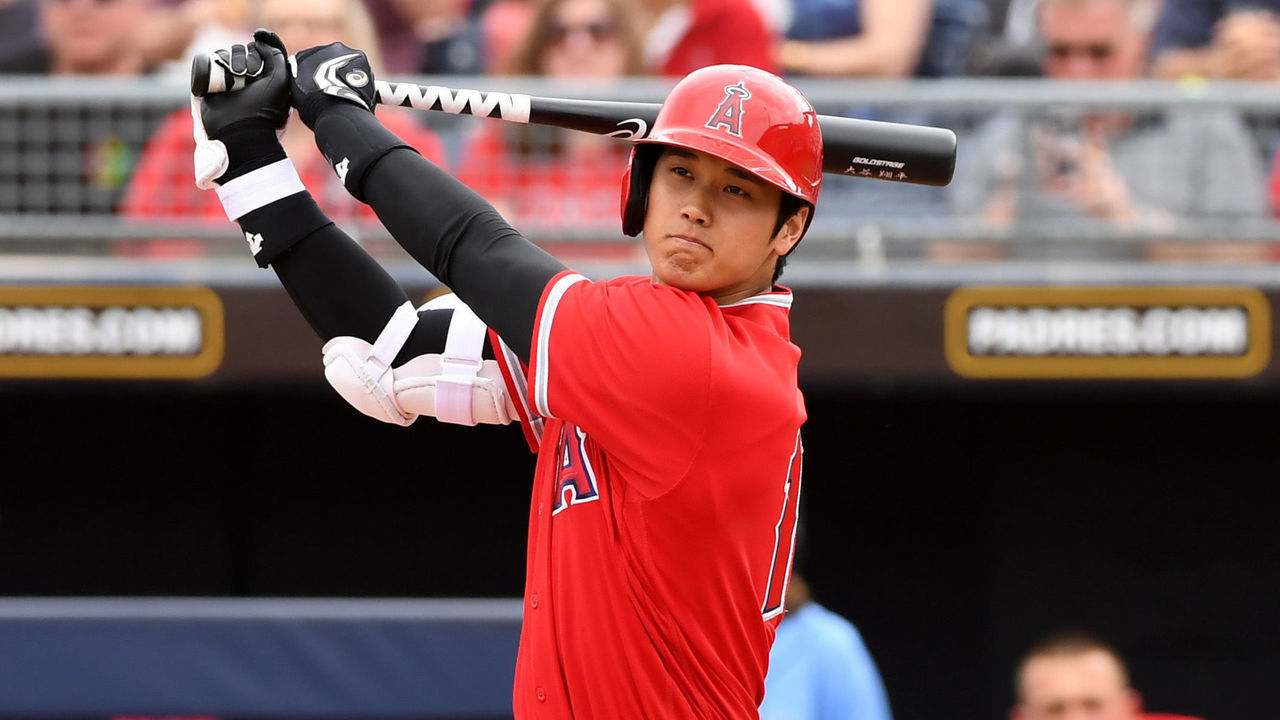 PEORIA, ARIZONA - MARCH 10: Shohei Ohtani #17 of the Los Angeles Angels follows through on a swing during a spring training game against the Seattle Mariners at Peoria Stadium on March 10, 2020 in Peoria, Arizona.