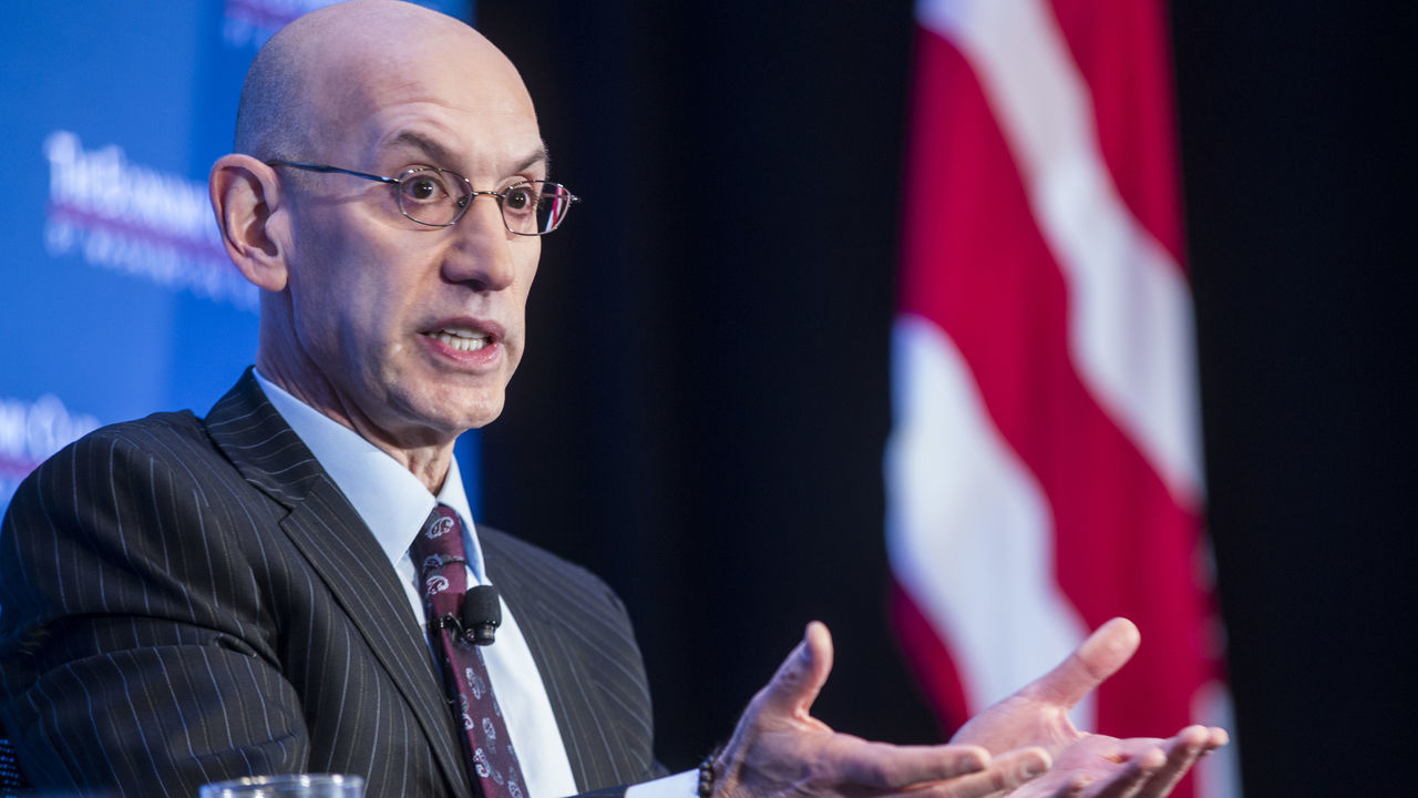 WASHINGTON, DC - MAY 09: NBA Commissioner Adam Silver discusses the state of the NBA and professional sports with Economic Club President David Rubenstein during and event hosted by the Economic Club of Washington, D.C. at the Capitol Hilton on May 9, 2019 in Washington, DC.
