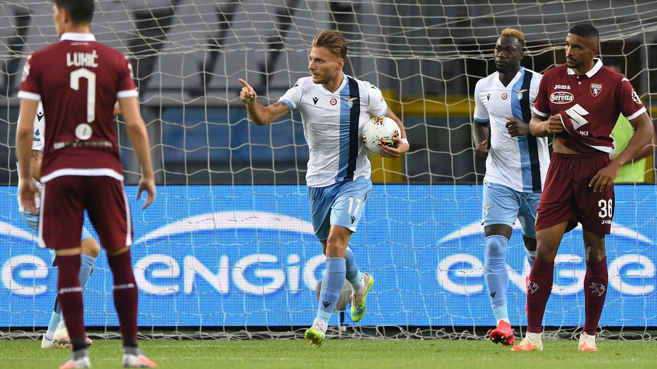 TURIN, ITALY - JUNE 30: Ciro Immobile of SS Lazio celebrates goal during the Serie A match between Torino FC and SS Lazio at Stadio Olimpico di Torino on June 30, 2020 in Turin, Italy.