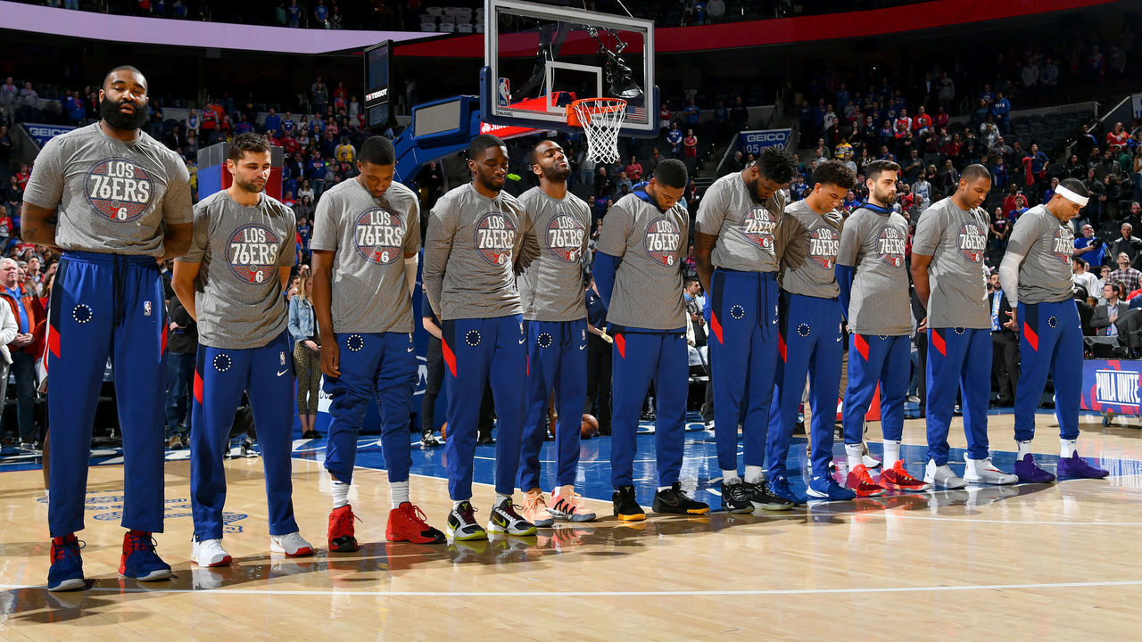 PHILADELPHIA, PA - MARCH 11: The Philadelphia 76ers stands for the National Anthem before the game against the Detroit Pistons on March 11, 2020 at the Wells Fargo Center in Philadelphia, Pennsylvania. NOTE TO USER: User expressly acknowledges and agrees that, by downloading and/or using this Photograph, user is consenting to the terms and conditions of the Getty Images License Agreement. Mandatory Copyright Notice: Copyright 2020 NBAE