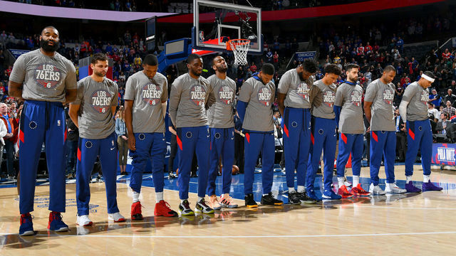 PHILADELPHIA, PA - MARCH 11: The Philadelphia 76ers stands for the National Anthem before the game against the Detroit Pistons on March 11, 2020 at the Wells Fargo Center in Philadelphia, Pennsylvania. NOTE TO USER: User expressly acknowledges and agrees that, by downloading and/or using this Photograph, user is consenting to the terms and conditions of the Getty Images License Agreement. Mandatory Copyright Notice: Copyright 2020 NBAE