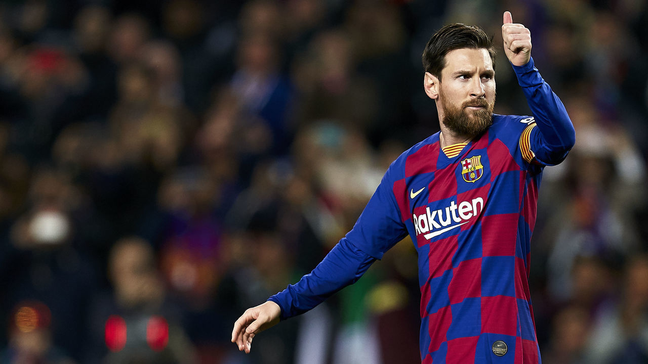 BARCELONA, SPAIN - MARCH 07: Lionel Messi of FC Barcelona celebrates his team's first goal during the Liga match between FC Barcelona and Real Sociedad at Camp Nou on March 07, 2020 in Barcelona, Spain.