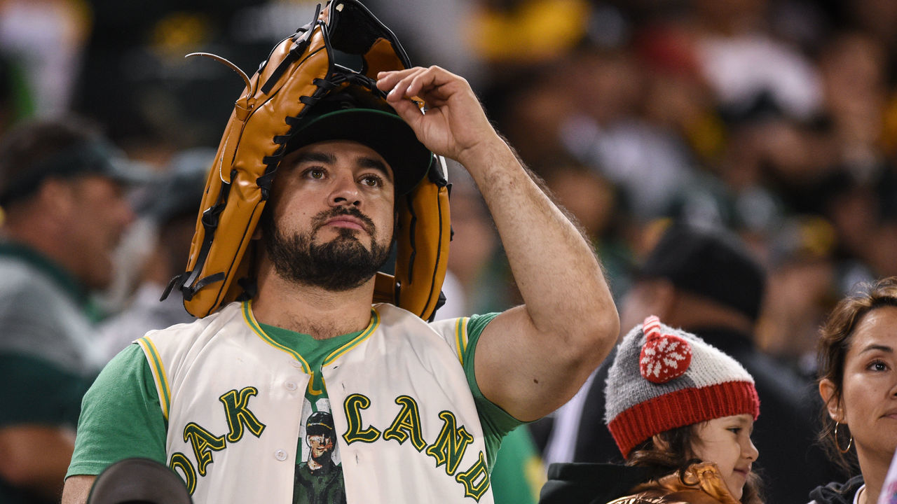 OAKLAND, CA - OCTOBER 02: An Oakland Athletics fan during the American League Wild Card Playoff game at RingCentral Coliseum on October 2, 2019 in Oakland, CA.