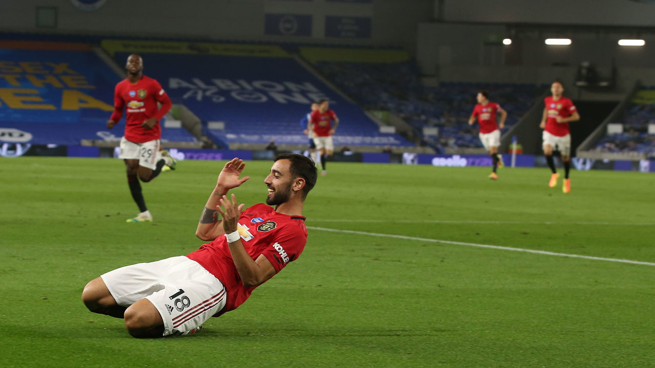 BRIGHTON, ENGLAND - JUNE 30: Bruno Fernandes of Manchester United celebrates scoring their third goal during the Premier League match between Brighton & Hove Albion and Manchester United at American Express Community Stadium on June 30, 2020 in Brighton, England.