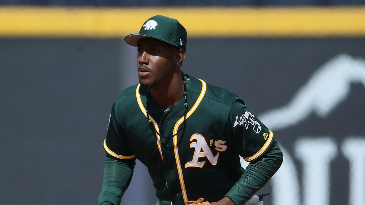 PEORIA, ARIZONA - FEBRUARY 22: Infielder Jorge Mateo #37 of the Oakland Athletics in action during the MLB spring training game against the Seattle Mariners at Peoria Stadium on February 22, 2019 in Peoria, Arizona.