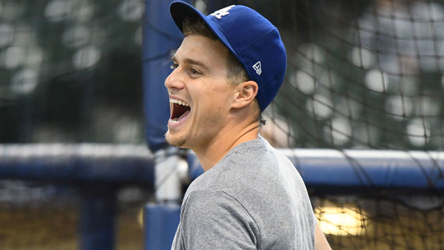 MILWAUKEE, WI - JULY 21: Los Angeles Dodgers Outfield Enrique Hernandez (14) has a laugh before a MLB game between the Milwaukee Brewers and Los Angeles Dodgers on July 21, 2018 at Miller Park in Milwaukee, WI. The Brewers defeated the Dodgers 4-2.