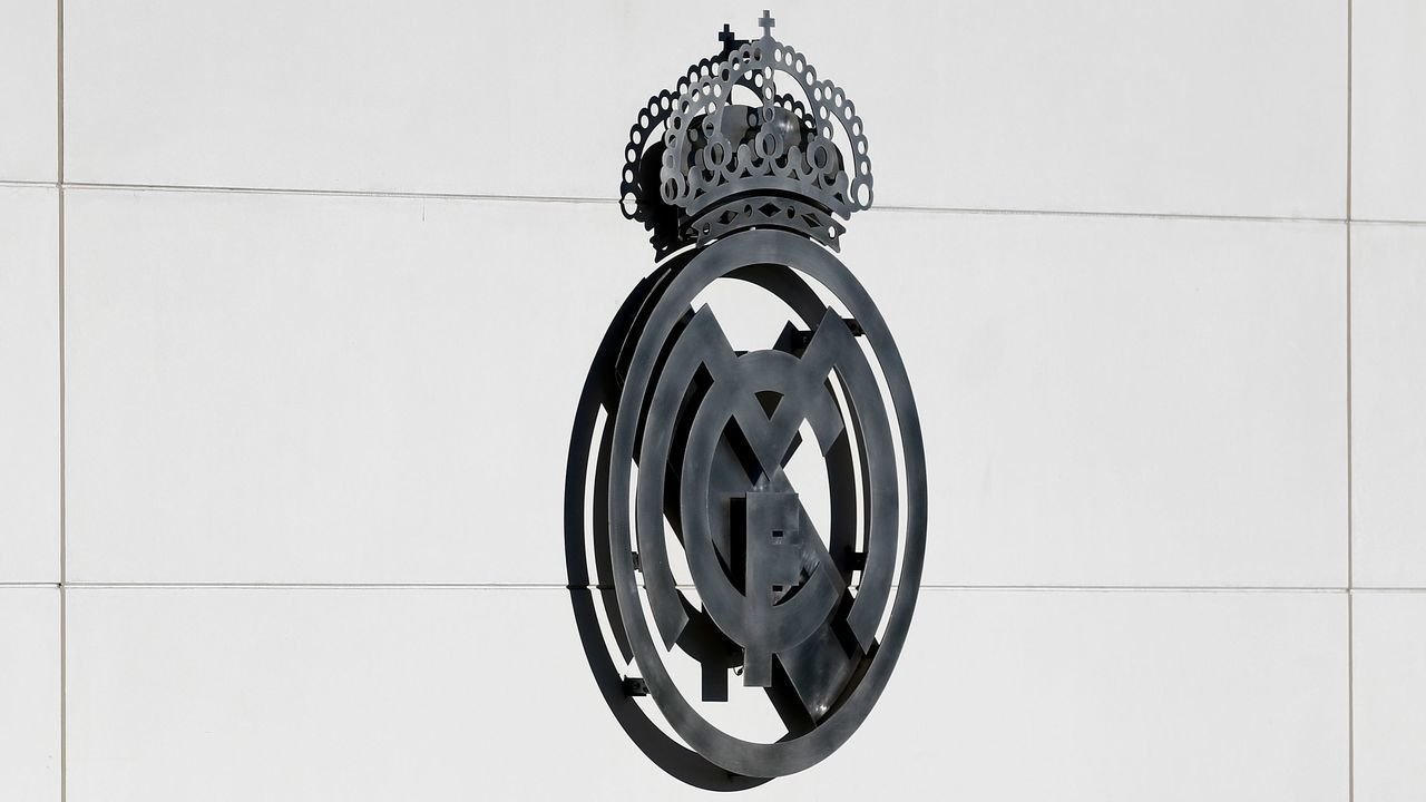 A picture shows the Real Madrid logo at the Spanish club's training facilities of Valdebebas in Madrid on March 20, 2019.