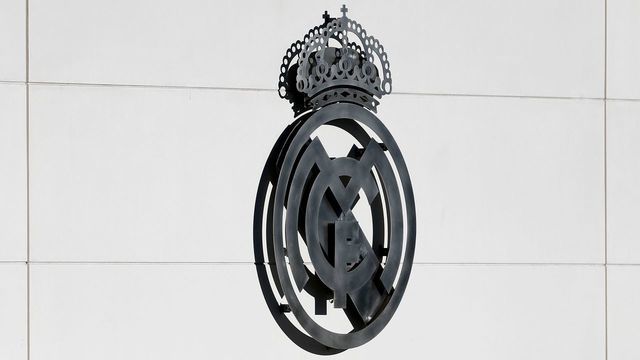 A picture shows the Real Madrid logo at the Spanish club's training facilities of Valdebebas in Madrid on March 20, 2019.