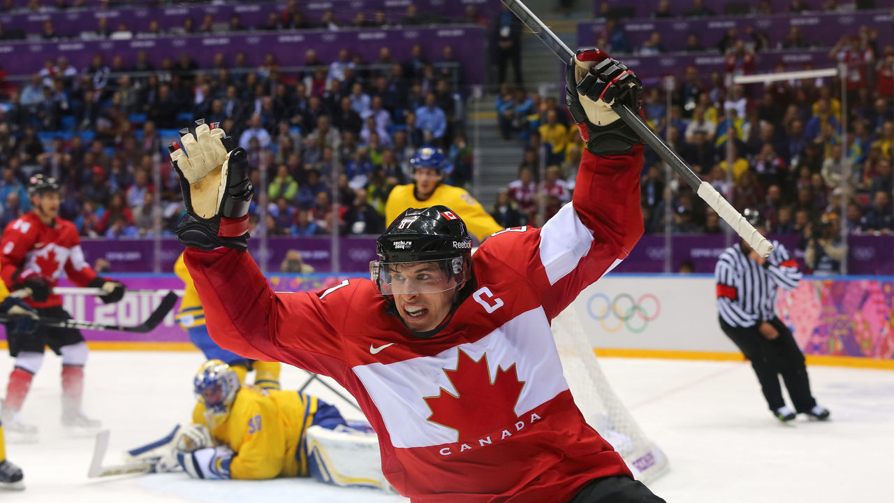 SOCHI, RUSSIA - FEBRUARY 23: Sidney Crosby #87 of Canada celebrates after scoring his team's second goal in the second period during the Men's Ice Hockey Gold Medal match against Sweden on Day 16 of the 2014 Sochi Winter Olympics at Bolshoy Ice Dome on February 23, 2014 in Sochi, Russia.