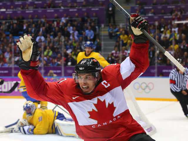 SOCHI, RUSSIA - FEBRUARY 23: Sidney Crosby #87 of Canada celebrates after scoring his team's second goal in the second period during the Men's Ice Hockey Gold Medal match against Sweden on Day 16 of the 2014 Sochi Winter Olympics at Bolshoy Ice Dome on February 23, 2014 in Sochi, Russia.