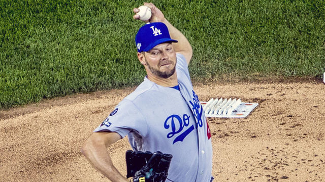 WASHINGTON, DC - OCTOBER 07: Los Angeles Dodgers starting pitcher Rich Hill (44) pitches in the first inning during a National League Division Series game between the Washington Nationals and the Los Angeles Dodgers on October 07, 2019, at Nationals Park, in Washington D.C.