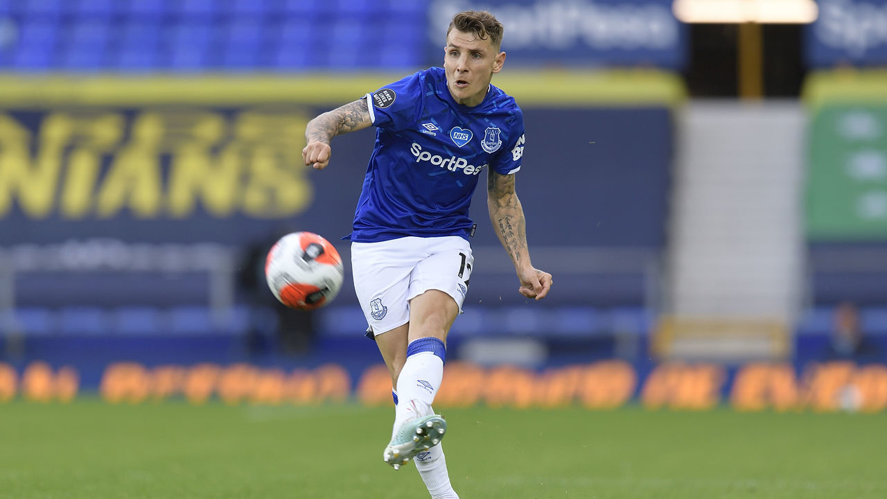 LIVERPOOL, ENGLAND - JUNE 21: Lucas Digne of Everton during the Premier League match Everton and Liverpool at Goodison Park on June 21 2020 in Liverpool, England.