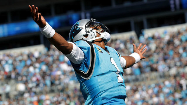 CHARLOTTE, NC - OCTOBER 28: Cam Newton #1 of the Carolina Panthers celebrates a touchdown against the Baltimore Ravens in the fourth quarter during their game at Bank of America Stadium on October 28, 2018 in Charlotte, North Carolina.