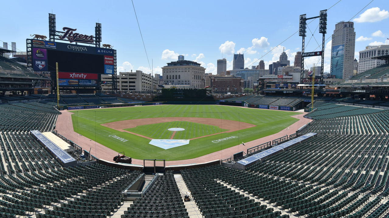 DETROIT, MI - JULY 01: A general view of Comerica Park sitting empty on July 1, 2020 in Detroit, Michigan. The park is getting ready for baseball workouts to begin on Friday July 3rd.