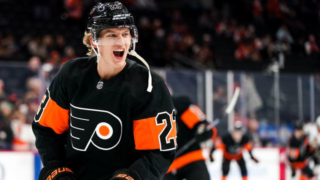 PHILADELPHIA, PA - DECEMBER 07: Philadelphia Flyers Left Wing Oskar Lindblom (23) is excited and ready to go before the game between the Ottawa Senators and the Philadelphia Flyers on December 7, 2019 at the Wells Fargo Center in Philadelphia, Pennsylvania.