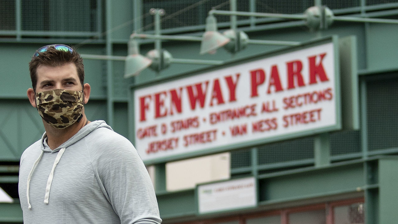 BOSTON, MA - JULY 1: Mitch Moreland #18 of the Boston Red Sox arrives in advance of a training period before the start of the 2020 Major League Baseball season on July 1, 2020 at Fenway Park in Boston, Massachusetts. The season was delayed due to the coronavirus pandemic.