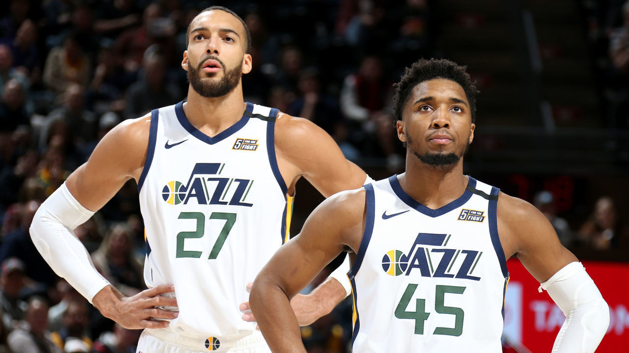 SALT LAKE CITY, UT - FEBRUARY 28: Rudy Gobert #27 of the Utah Jazz and Donovan Mitchell #45 of the Utah Jazz look on during the game against the Washington Wizards on February 28, 2020 at vivint.SmartHome Arena in Salt Lake City, Utah. Mandatory Copyright Notice: Copyright 2020 NBAE