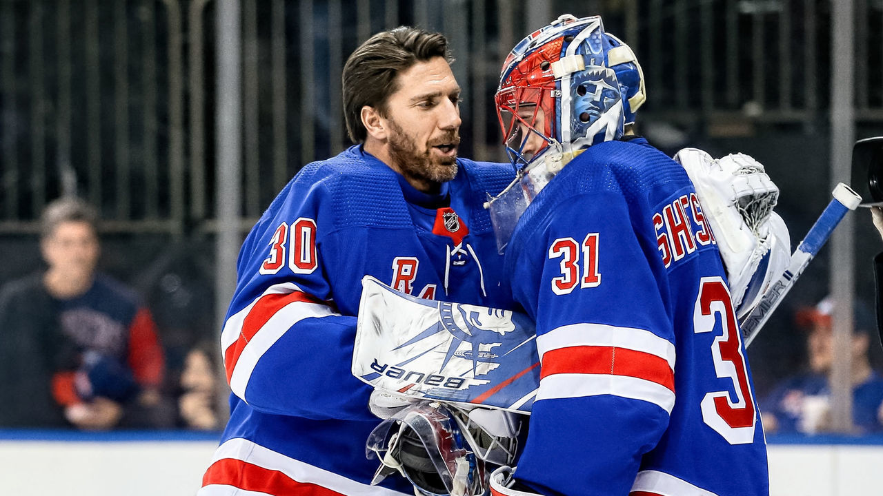 NEW YORK, NY - JANUARY 09: New York Rangers Goalie Henrik Lundqvist (30) congratulates New York Rangers Goalie Igor Shesterkin (31) following the National Hockey League game between the New Jersey Devils and the New York Rangers on January 9, 2020 at Madison Square Garden in New York, NY.