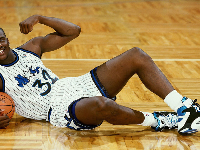 ORLANDO, FL - 1993: Shaquille O'Neal #32 of the Orlando Magic poses for a portrait on the court at the TD Waterhouse Centre circa 1993 in Orlando, Florida. NOTE TO USER: User expressly acknowledges and agrees that, by downloading and/or using this Photograph, user is consenting to the terms and conditions of the Getty Images License Agreement. Mandatory Copyright Notice: Copyright 1993 NBAE