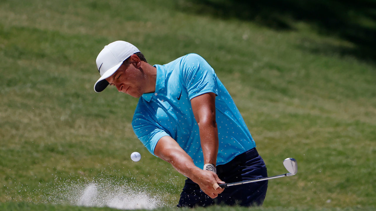 FORT WORTH, TEXAS - JUNE 11: Cameron Champ of the United States plays a shot from a bunker on the 18th hole during the first round of the Charles Schwab Challenge on June 11, 2020 at Colonial Country Club in Fort Worth, Texas.