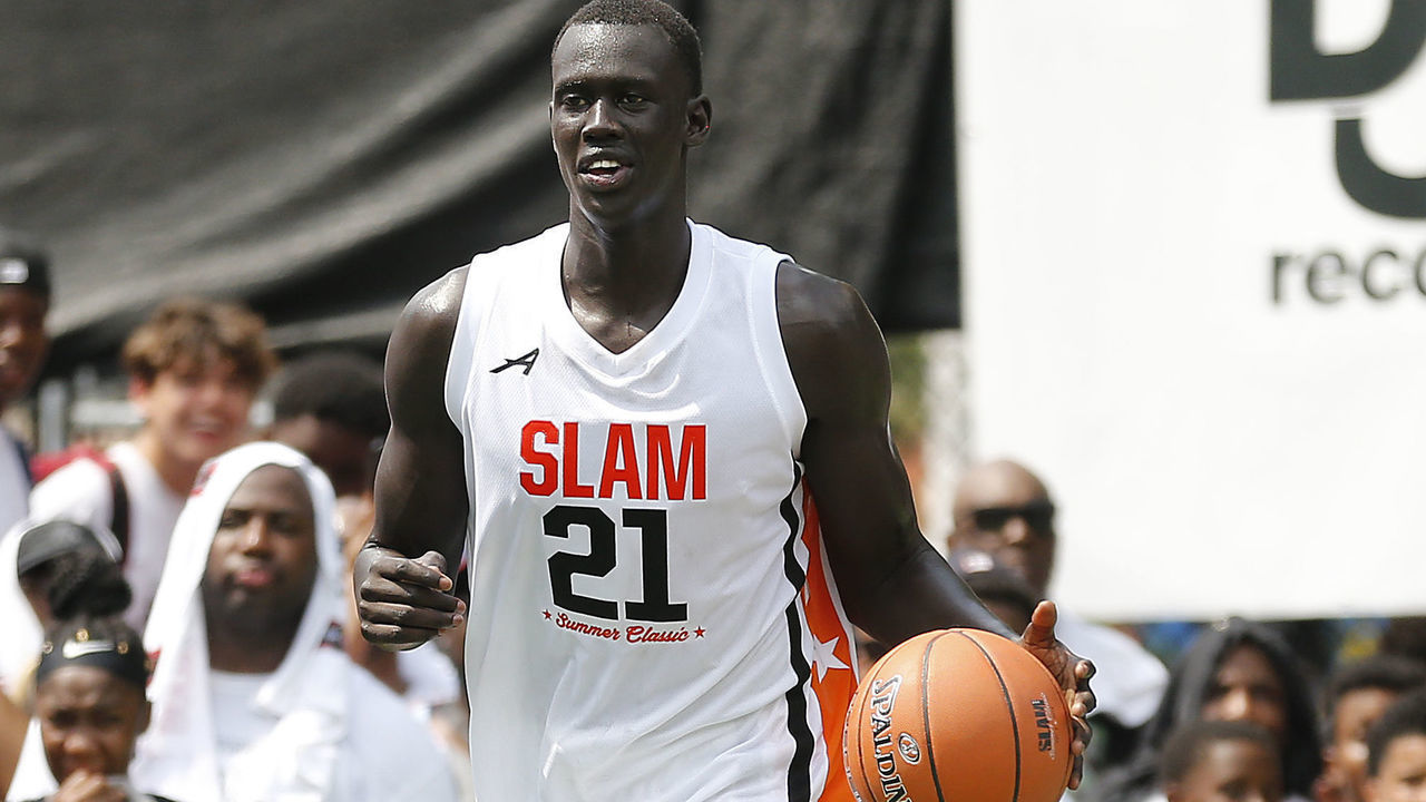 NEW YORK, NEW YORK - AUGUST 18: Makur Maker #21 of Team Jimma in action against Team Zion during the SLAM Summer Classic 2019 at Dyckman Park on August 18, 2019 in New York City.